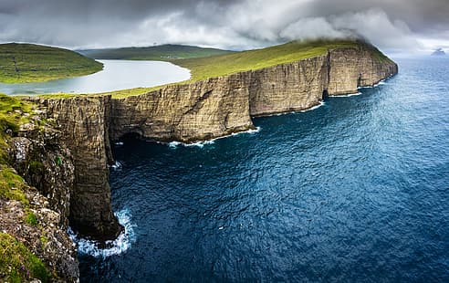 скала, езеро, океан, Фарьорски острови, Вагар, Leitisvatn, HD тапет HD wallpaper