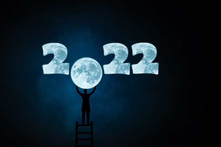 the sky, night, pose, darkness, the dark background, holiday, the moon, people, silhouette, figures, ladder, New year, the full moon, date, 2022, новый 2022 год, HD wallpaper