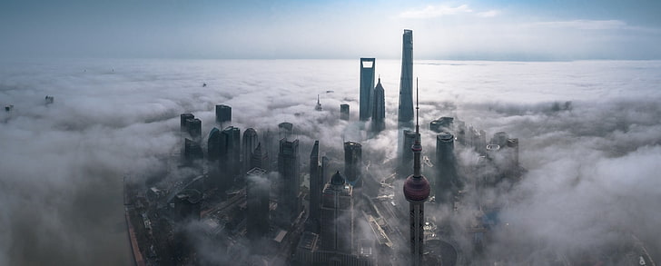 brown and gray concrete buildings, aerial view of high-rise buildings during cloudy day, photography, cityscape, mist, skyscraper, architecture, metropolis, building, morning, sunlight, aerial view, Shanghai, China, panorama, frog, HD wallpaper