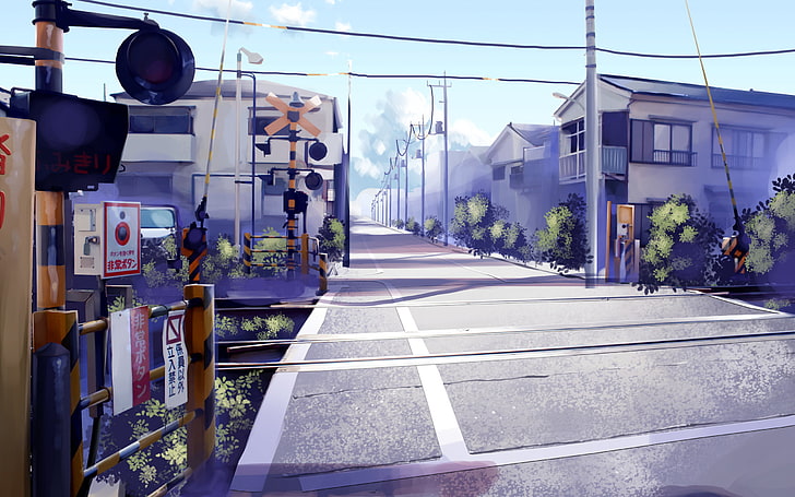 бетонен път до къщи тапет с анимационен герой, светофар близо до сива къща цифрова тапета, аниме, железопътен прелез, произведения на изкуството, градски, градски пейзаж, HD тапет