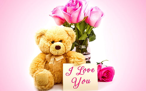 Valentines Day Teddy Bear pink roses i love you, valentines day, teddy bear, pink roses, i love you, HD wallpaper HD wallpaper