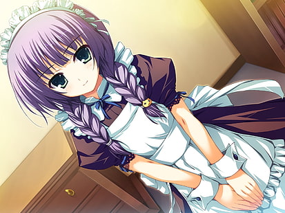 purple haired female anime character wallpaper, tomose shunsaku, akatsuki no goei, girl, cute, maid, HD wallpaper HD wallpaper