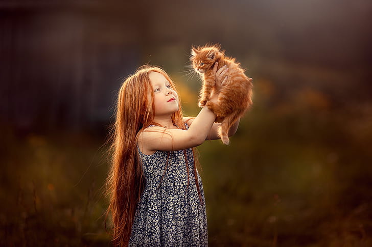 Фотография, Ребенок, Детское животное, Кошка, Девочка, Котенок, Маленькая девочка, Длинные волосы, Рыжая, HD обои