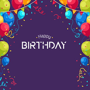 Lycklig födelsedagsskylt med ballonger och purpurfärgad bakgrund, Grattis på födelsedagen, HD, HD tapet HD wallpaper