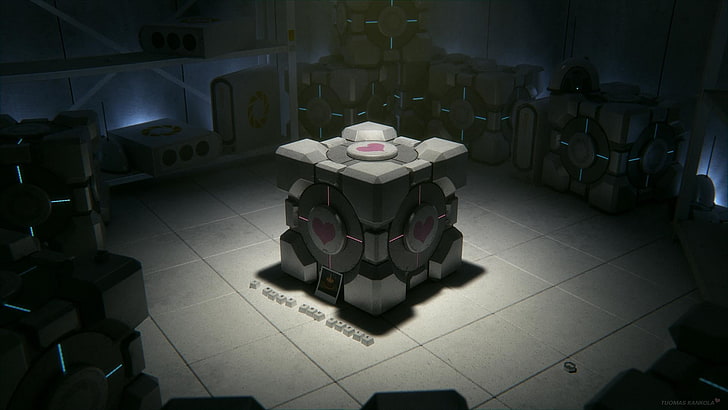 gray and black cube, Portal (game), Companion Cube, video games, HD wallpaper