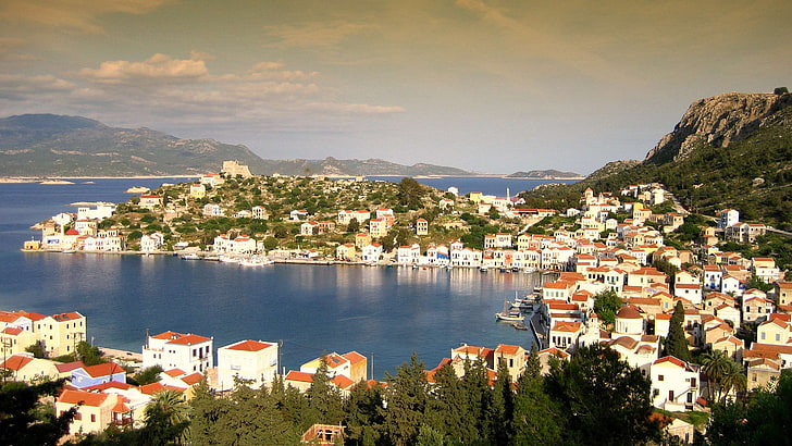 ギリシャ、ホテル、島、旧市街、港、海、船、空、太陽、壁、水、 HDデスクトップの壁紙