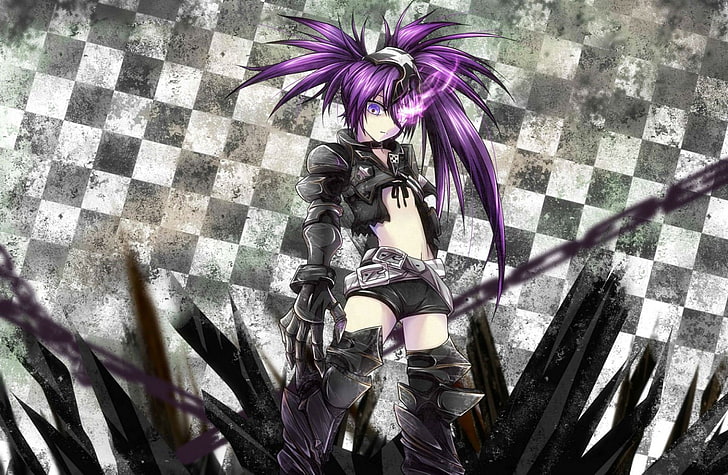armor, black, chain, desukingu, eyes, hair, insane, purple, rock, shooter, HD wallpaper