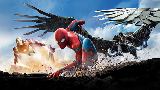 Тапет за Marvel Spider-Man, Iron Man и Falcon, Spider-Man, Iron Man, супергерой, Spider-Man: Homecoming (2017), Spider-Man Homecoming (Movie), HD тапет HD wallpaper