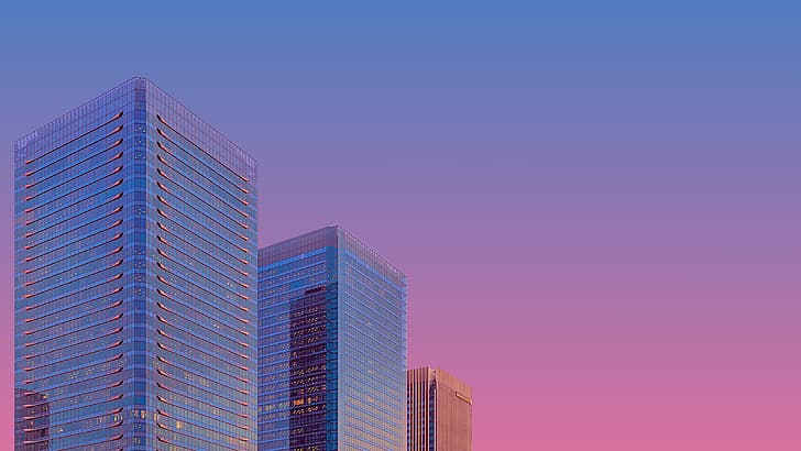 purple sky, skyscraper, vaporwave, HD wallpaper