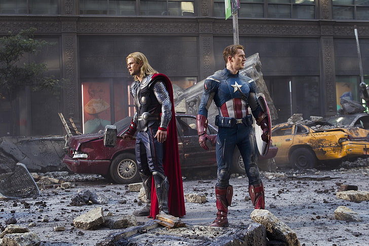 Marvel Avengers Captain America и Thor филм все още, машина, сградата, Крис Евънс, Ню Йорк, капитан Америка, Тор, Отмъстителите, Крис Хемсуърт, Стив Роджърс, отмъстители, HD тапет