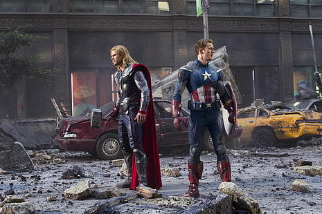 Marvel Avengers Captain America และ Thor ภาพยนตร์ยังคง, เครื่องจักร, อาคาร, คริสอีแวนส์, นิวยอร์ก, กัปตันอเมริกา, ธ อร์, อเวนเจอร์ส, คริสเฮมส์เวิร์ ธ , สตีฟโรเจอร์ส, อเวนเจอร์ส, วอลล์เปเปอร์ HD HD wallpaper