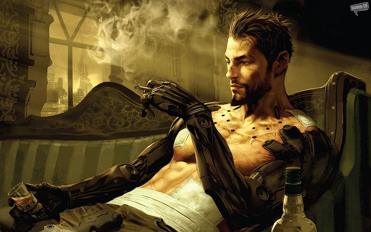 Deus Ex digital wallpaper, futuristic, Deus Ex: Human Revolution, Deus Ex, cyberpunk, Adam Jensen, video games, science fiction, men, alcohol, bionics, HD wallpaper