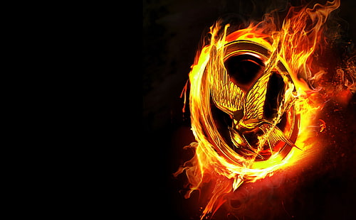 2012 The Hunger Games ، Yellow Hunger Games Mocking Jay logo ، أفلام ، أفلام أخرى ، ألعاب ، 2012 ، الجوع، خلفية HD HD wallpaper