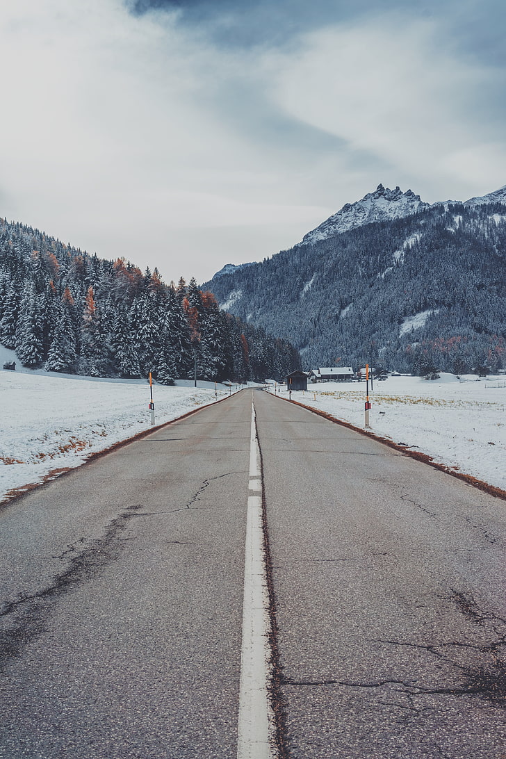 gray concrete road, mountains, road, snow, marking, trees, HD wallpaper