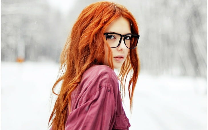 redhead, glasses, women, curly hair, face, women with glasses, Ebba Zingmark, looking at viewer, HD wallpaper