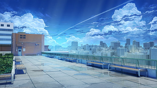 аниме пейзаж, школа, на крыше, небо, облака, городской пейзаж, здания, произведения искусства, ATDATVIEWTHO, Аниме, HD обои HD wallpaper