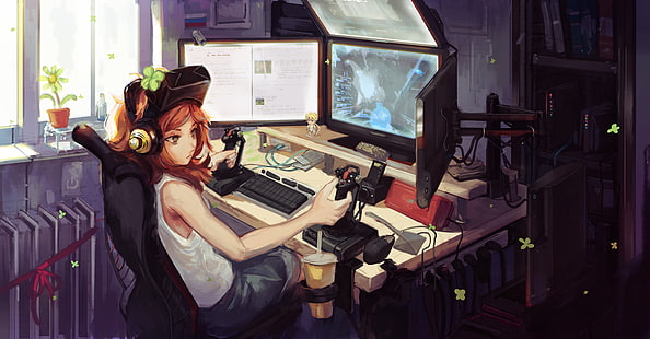 аниме момиче компютърен геймър, момиче, облечено в бяла потник, илюстрация, цифрово изкуство, компютър, слушалки, Вивиан Джеймс, интерфейси, оригинални герои, стая, червенокоса, видео игри, произведения на изкуството, HD тапет HD wallpaper