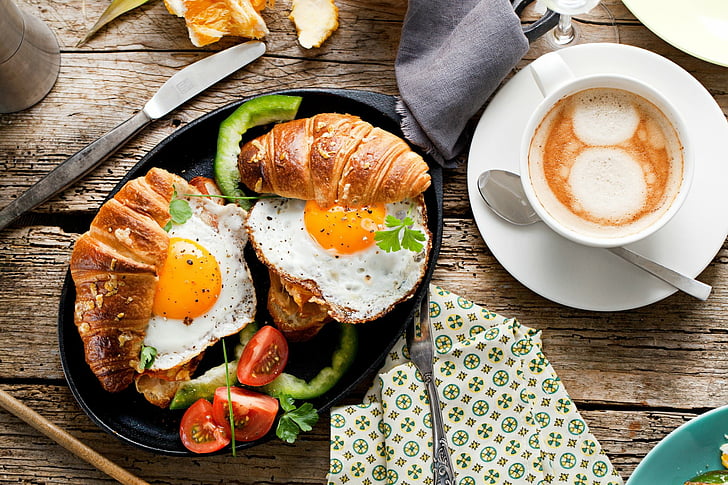 Food, Breakfast, Coffee, Croissant, Cup, Egg, HD wallpaper
