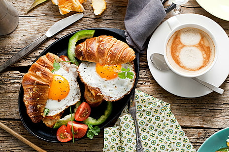 食べ物、朝食、コーヒー、クロワッサン、カップ、卵、 HDデスクトップの壁紙 HD wallpaper