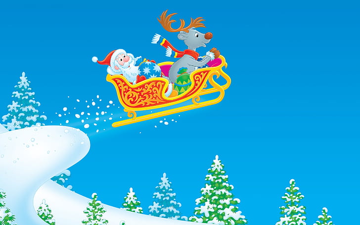 Santa Clouse Up in The Air, santa claus riding his sleigh graphic art, sleigh, sky, background, drawings, HD wallpaper