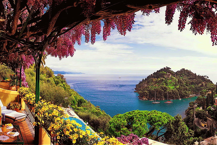 Towns, Amalfi, Boat, Flower, Horizon, Island, Italy, Ocean, Sea, Terrace, HD wallpaper
