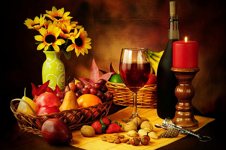 lukisan bunga matahari, anggur, merah, keranjang, apel, kaca, botol, lilin, stroberi, anggur, buah, kacang-kacangan, lukisan alam benda, pir, pembuka botol, Wallpaper HD