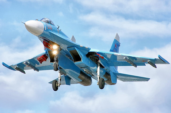 blue and white fighter plane, flight, fighter, su-27, HD wallpaper