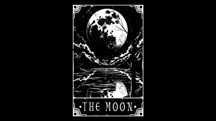 monochrome, simple background, occultism, tarot, Moon, lake, reflection, text, HD wallpaper
