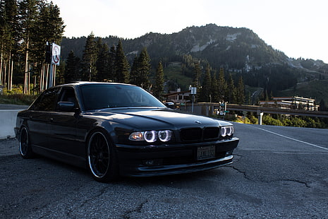 รถเก๋ง BMW E46 สีดำ, ถนน, ภูเขา, การปรับแต่ง, BMW, e38, BBS, ท่าทาง, 750il, วอลล์เปเปอร์ HD HD wallpaper