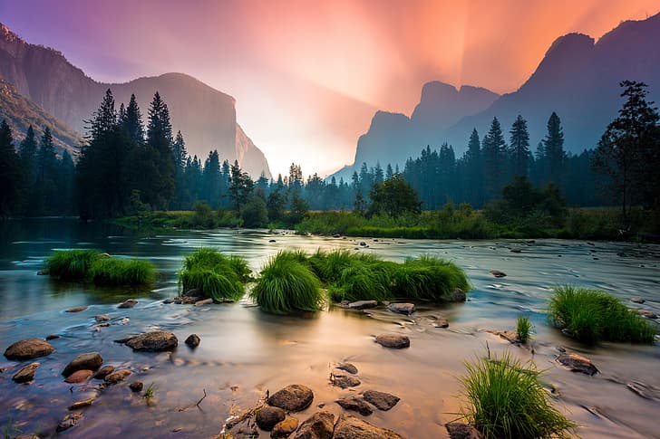Yosemite National Park, USA, sky, mountains, river, trees, landscape, sunset, HD wallpaper