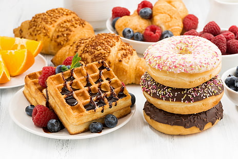 Food, Breakfast, Croissant, Doughnut, Waffle, HD wallpaper HD wallpaper