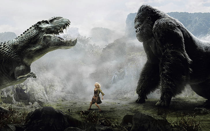 King Kong vs Dinosaur, gorilla, dinosaur, HD wallpaper