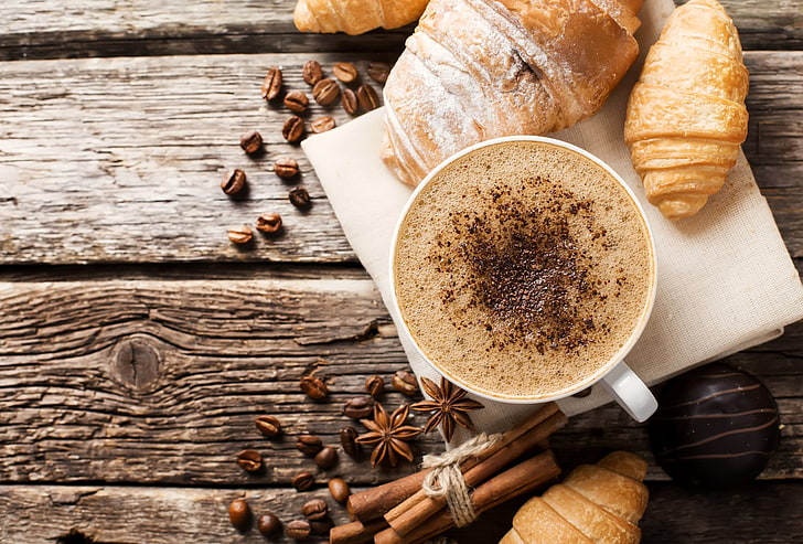 Speisen, Frühstück, Zimt, Kaffee, Kaffeebohnen, Croissant, Tasse, Sternanis, HD-Hintergrundbild