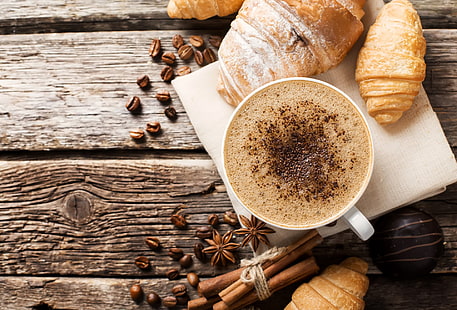 Food, Breakfast, Cinnamon, Coffee, Coffee Beans, Croissant, Cup, Star Anise, HD wallpaper HD wallpaper