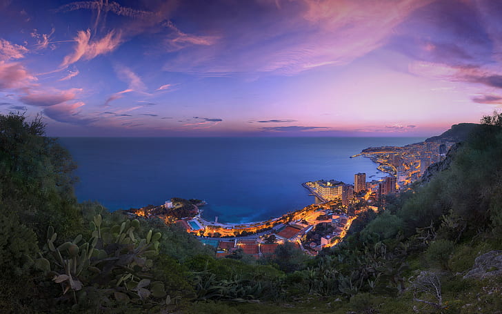 крайбрежие, град, градски светлини, Монако, море, градски пейзаж, HD тапет