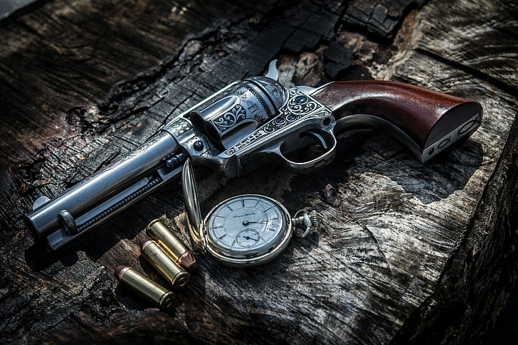 silver and brown revolver, revolver, weapon, clocks, HD wallpaper