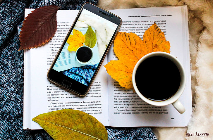 automne, feuilles, café, livre, téléphone, plaid, pull, une tasse de café, automne, tasse de café, téléphone intelligent, flatlay, Fond d'écran HD