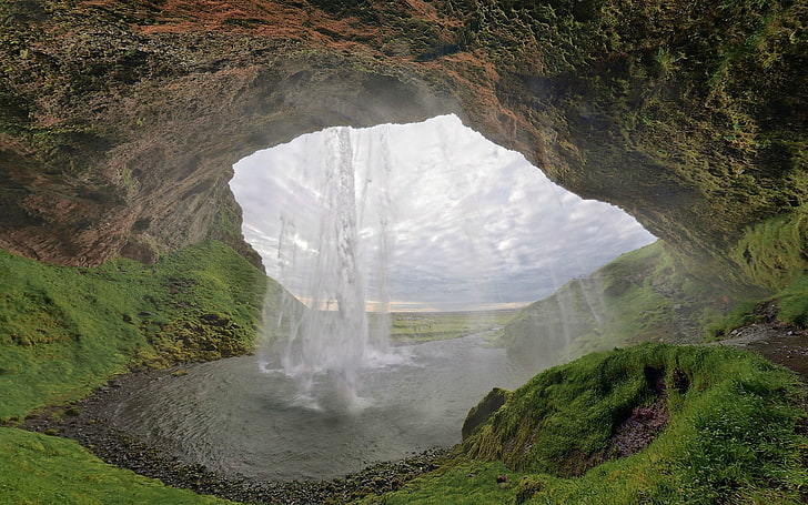 waterfall, lake, grass, cave, sky, HD wallpaper