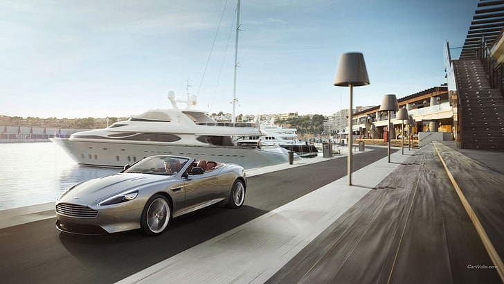 putih dan hitam coupe klasik, Aston Martin DB9, mobil, mobil perak, kendaraan, Wallpaper HD