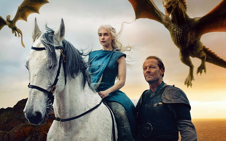 Gra o tron ​​Daenerys Targaryen, Gra o tron, Daenerys Targaryen, Jorah Mormont, smok, Emilia Clarke, koń, Iain Glen, Tapety HD