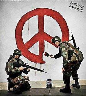 Pimped Up Banksy illustration, Banksy, street art, graffiti, peace, war, soldier, gun, humor, digital art, HD wallpaper HD wallpaper