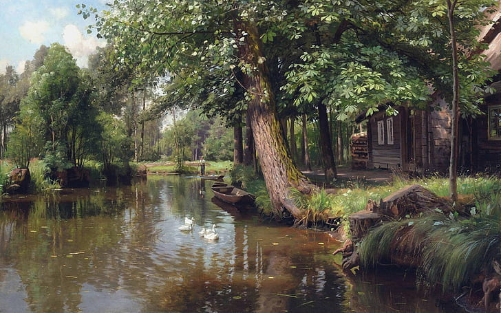 1914, peintre danois, Peter Merk Of Menstad, Peder Mørk Mønsted, peintre réaliste danois, Flottant sur la rivière, Barque sur la rivière, Fond d'écran HD