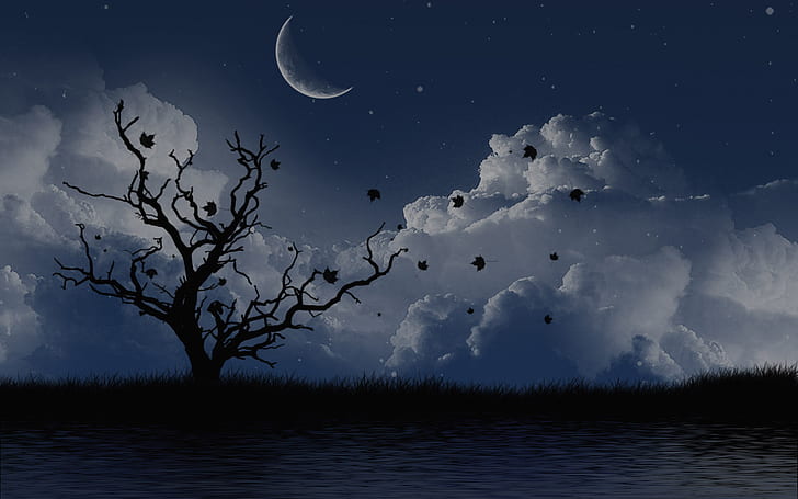 Paisagem HD, árvore sem folhas à noite com nuvens brancas e lua crescente, paisagem, artística, HD papel de parede