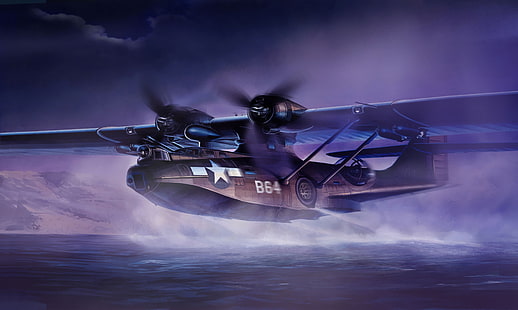 ilustracja szarego myśliwca, wojna, sztuka, malarstwo, lotnictwo, wojna światowa, Consolidated PBY Catalina, Tapety HD HD wallpaper
