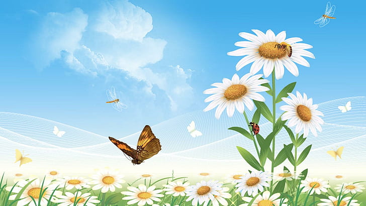 Daisy Power, dragonflies, butterfly, daisies, spring, field, lady bug, ladybug, clouds, daisy, 3d and abst, HD wallpaper