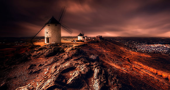 Buildings, Windmill, Castilla la Mancha, Landscape, Night, Spain, HD wallpaper HD wallpaper