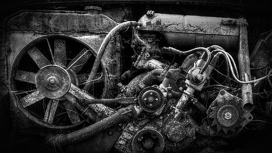 gray and black vehicle engine, black background, engines, gears, technology, wheels, pipes, fans, metal, monochrome, rust, vehicle, wreck, HD wallpaper HD wallpaper
