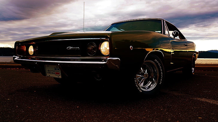 black Dodge Challenger, car, Dodge Charger, Dodge, Dodge Charger R/T, Dodge Charger R/T 1968, road, muscle cars, HD wallpaper
