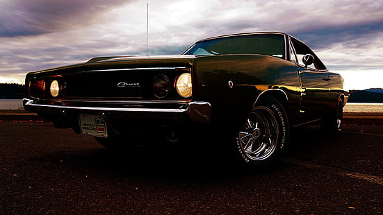 Dodge Challenger noire, voiture, Dodge Charger, Dodge, Dodge Charger R / T, Dodge Charger R / T 1968, route, muscle cars, Fond d'écran HD HD wallpaper