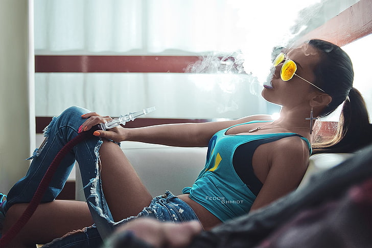 women's blue and yellow tank top, untitled, women, brunette, glasses, smoke, Fedor Shmidt, Hookah, smoking, model, sunglasses, jeans, women with glasses, ripped clothes, necklace, women with shades, Caucasian, dark hair, HD wallpaper